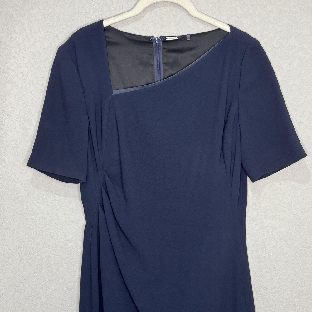 Elie Tahari Dress Size 6 Navy Blue Leather Asymmetrical Neck Sheath Knee Length - Picture 5 of 11
